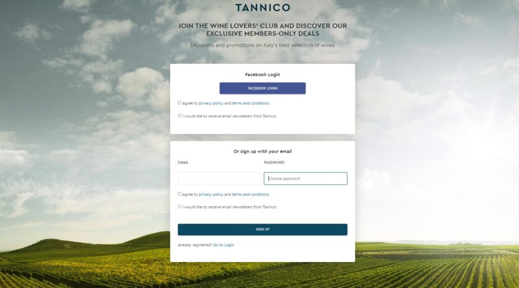 E-commerce home page of Tannico